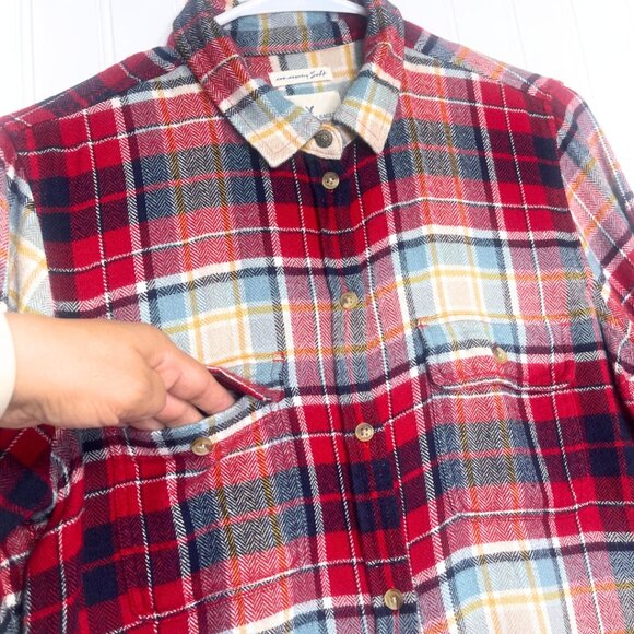 AEO | Flannel Shirt Red Plaid Multi-Color Soft Cotton Long Sleeve Medium - Picture 5 of 13